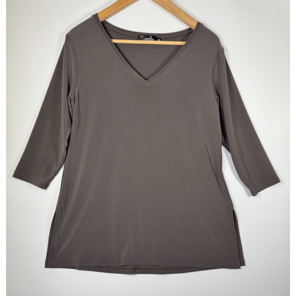 Sympli Top Womens 10 Brown V Neck Stretch Travel Minimalist‎ Made in Canada